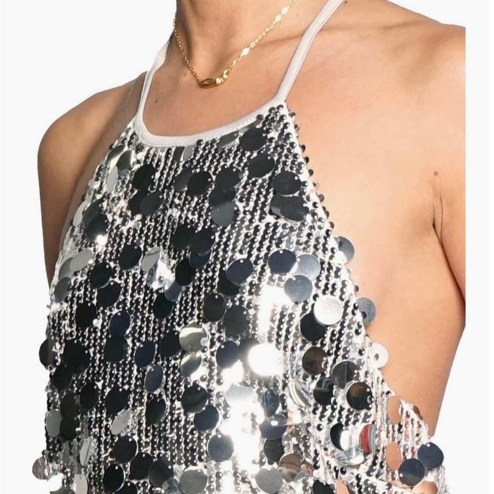 Know One Cares Silver Sequin Halter Cocktail Social Halter Mini Dress Large NWT - Picture 3 of 11